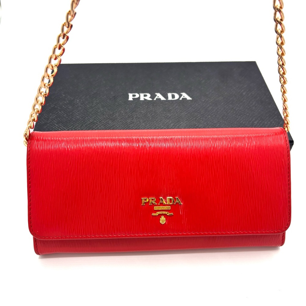 Prada Red Saffiano Leather Wallet with free Gold Chain | comes with box
